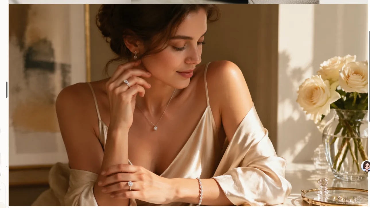 Woman in soft silk wearing diamond jewelry in warm light