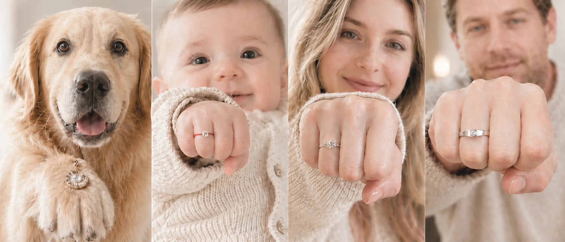 A pet, a baby, a woman and a man each wearing a custom lab-grown diamond keepsake
